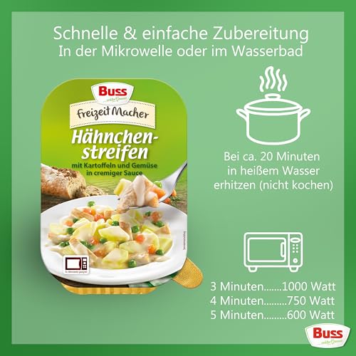 Buss Freizeitmacher Hähnchenstreifen mit Kartoffeln und Gemüse in cremiger Sauce - Fertiggerichte zum Aufwärmen in Mikrowelle & Topf - Schnell & Einfach Zubereitet - 12 x 300g