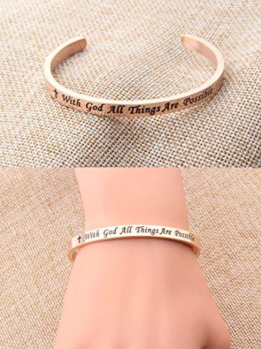 Feelmem Matthew 19:26 With God All Things Are Possible Faith Cuff Bangle Bracelet- Religious Jewelry- Inspirational Christian Gifts (Rose Gold God) #TOP4