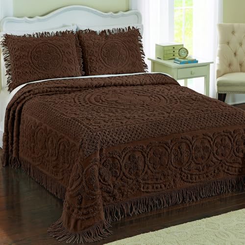 1 Piece Elegant 100% Cotton Tufted Chenille Bedspread Full Size intricated Texture Fringe Borders | All Seasons Chocolate Brown Color Western Bedding Aesthetic Look Soft Plush Cozy Feel