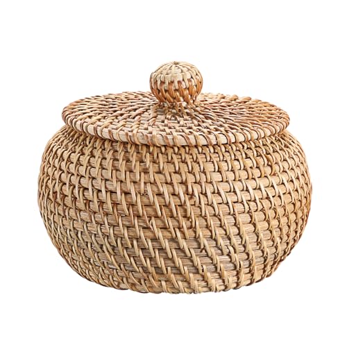 Hipiwe Round Rattan Basket Boxes With Lid Hand-Woven Wicker Storage Baskets Bin Decorative Basket Box Multi-Purpose Picnic Food Bread Basket Small Keys Basket Bowl for Entryway (X-Small,4.7"x3.3")