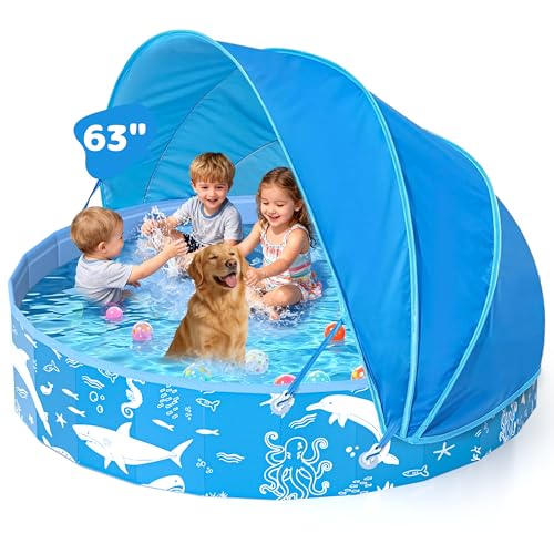 63” Extra Large Kiddie Pool with Canopy, EPN UPF 50+ Sun Shade Baby Pool, No Inflation Foldable Toddler Pool for Backyard Outdoor & Beach, Portable Thickened PVC BPA-Free Kids Water Play Pool, Blue