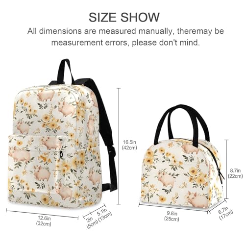 Floral Pigs Print Backpack Set with Lunch Bag, Large Capacity Travel Backpacks and Lunch Box Insulated for Commute Hiking Picnic2