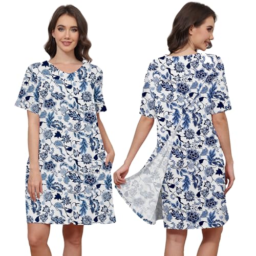 Image of Hospital Gowns for Women Open Back Tear Away Snap Post shoulder Dress Short Sleeve Soft Adaptive Clothing with Pockets