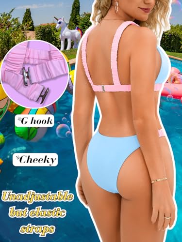 Women's Colorblock Bikini Set, High Cut Scrunch Strap Cheeky Cute 2 Piece Swimsuits for Summer Vacation3