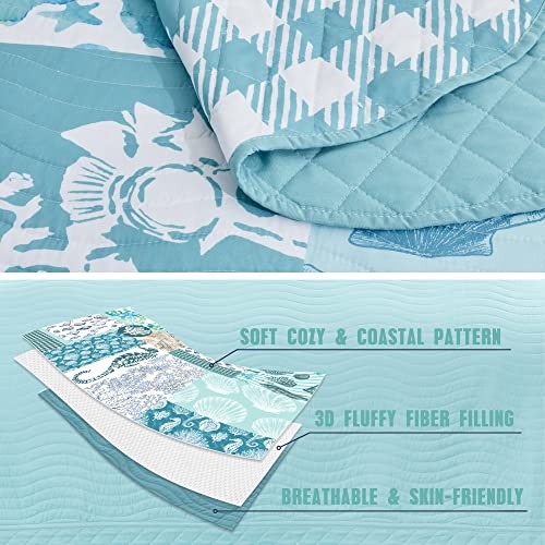 Image of HZ & HY Coastal Oversized King Bedspread 128x120 Extra Wide, Reversible Beach Pattern Quilt Set King /Cal King, Lightweight Coverlet, Scalloped Edge - Nautical Coastal Look, 6 Piece, Seahorse