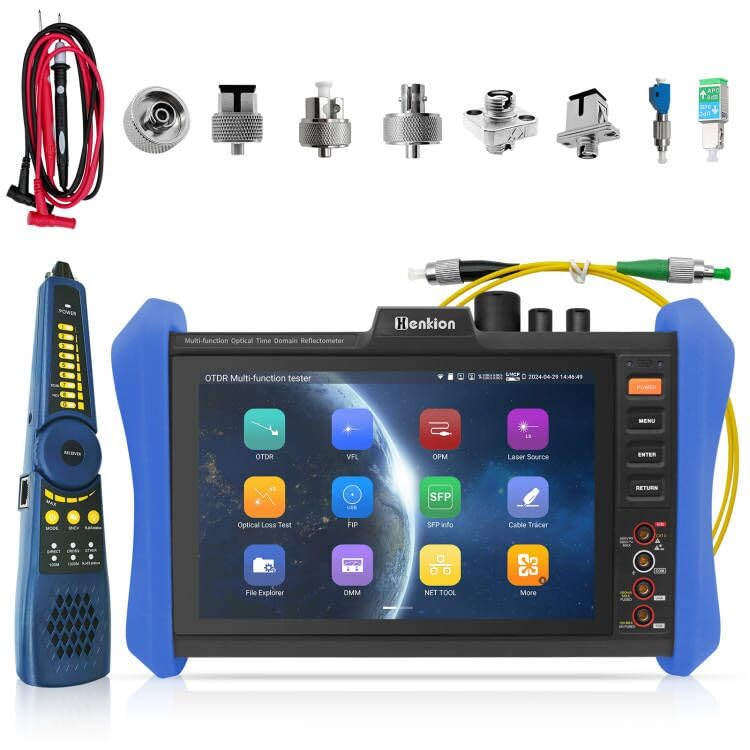 Henkion OTDR Fiber Optic Tester 1310/1550nm 28/26dB Auto/Expert OTDR Fiber Test,Event Map LS OPM VFL OLS Digital Multimeter SFP Module WiFi Cable Test Network Tools 8 Adapters 8