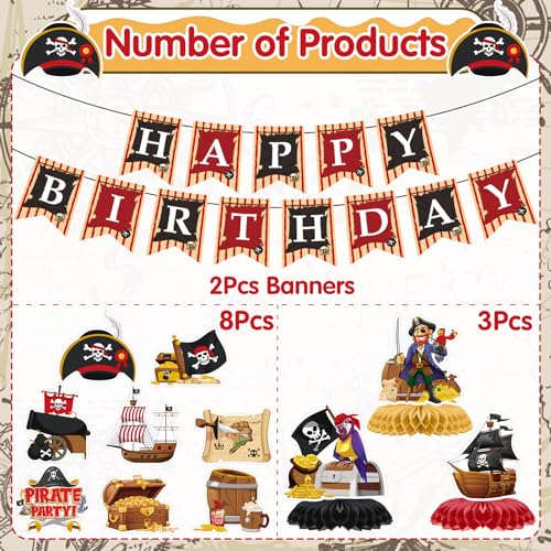 Image of Pirate Birthday Party Banners Hanging Swirls Decorations 13PCS | Pirate Party Decor 13pcs, Glitter Banners Swirls, Cardstock Decor, Nautical Pirate Theme, Birthday Party Decor for Kids Boys
