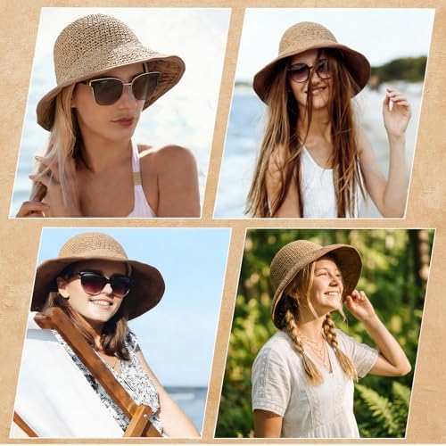 Utensilsto Sommer Strohhut Damen Sonnenhut, Breiter Rand UPF 50+ Faltbarer Strandhut, Leichter Fischerhut aus Geflochtenem Stroh für Reise & Garten, Eimerhut für Frauen