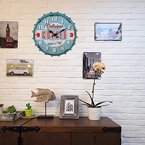 Ezrall Bottle Cap Style 12Inch Metal Wall Clock Creative Decor Clock Industrial Country Farmhouse Style Blue Rustic Clock For School/Kitchen/Beer Bar/Restaurant/Cafe/Den #TOP3