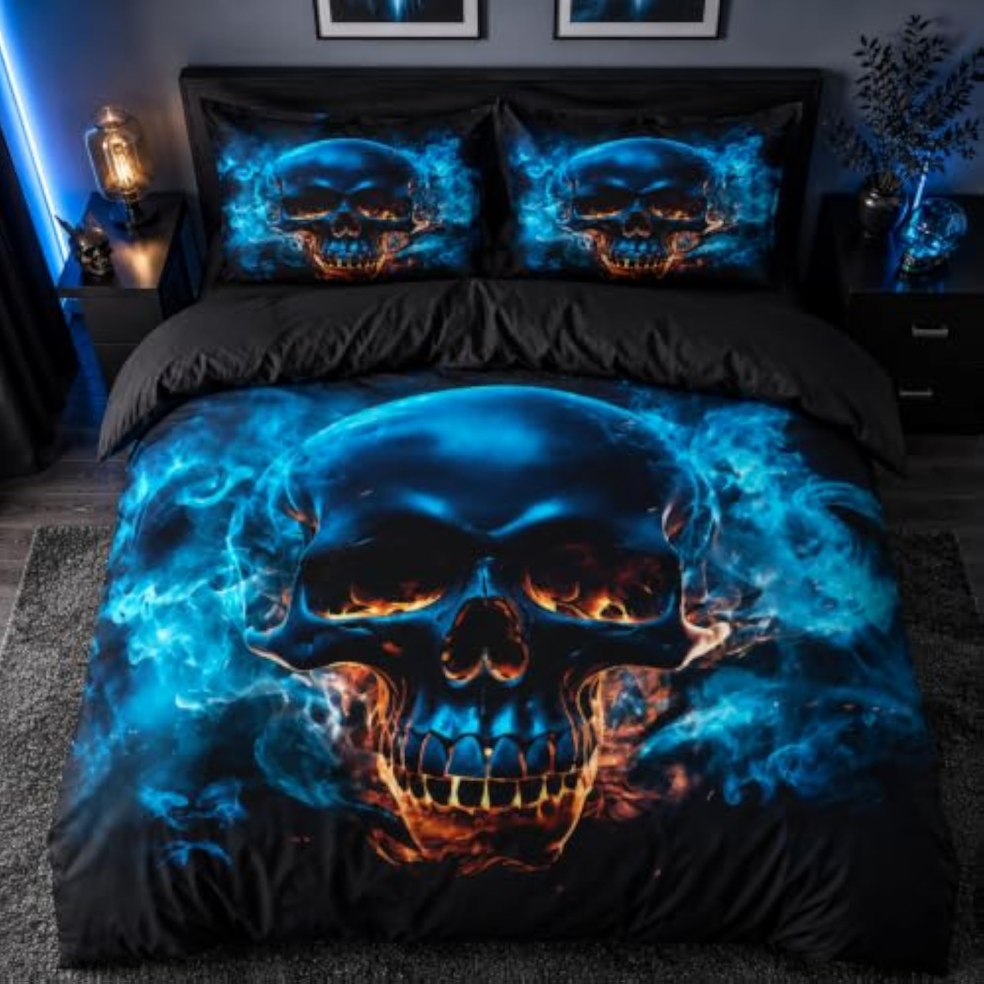 Blue Color Skull Duvet Cover Set Queen Size Gothic Comforter Cover