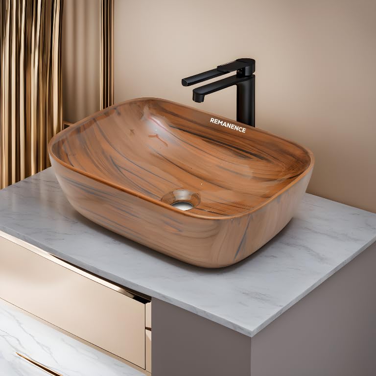 REMANENCE Premium Wooden Style Designer Table Top Ceramic Wash Basin/Vessel Sink with Slim Rim for Bathroom | Over Countertop Basin For Living Room (18 x 13 x 5.5 Inch) (Wooden Style Basin-9)