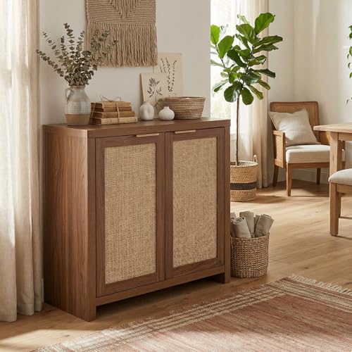 Image of OAKHAM HOME Rattan Sideboard Cabinet for Living Room, Brown | Buffet Cabinet with 2 Soft-Close Doors, Adjustable Shelves and 110 lbs Top, For Living Room, Kitchen, Entryway