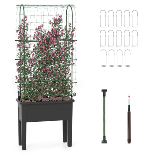 HAPPYGRILL 4-in-1 Raised Garden Bed with Climbing Trellis, Self-Watering Elevated Planter with Water Level Indicator, Drainage Hole, Outdoor Plastic Planter Box with 4 Detachable Legs for Garden Lawn