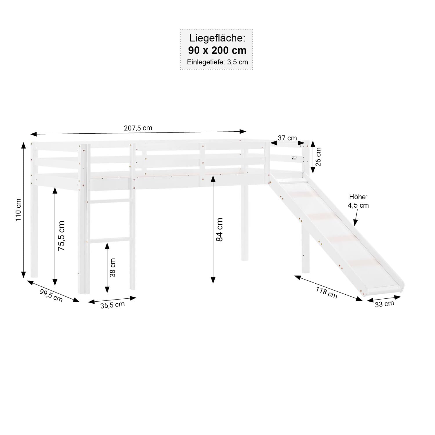 Homestyle4u Hochbett 90x200 cm mit Rutsche, Kinderbett aus Holz in Weiß | Spielbett Kiefer massiv inklusive Turm, Tunnel und Vorhang in Mintgrün, Absturzsicherung für Mädchen und Jungen