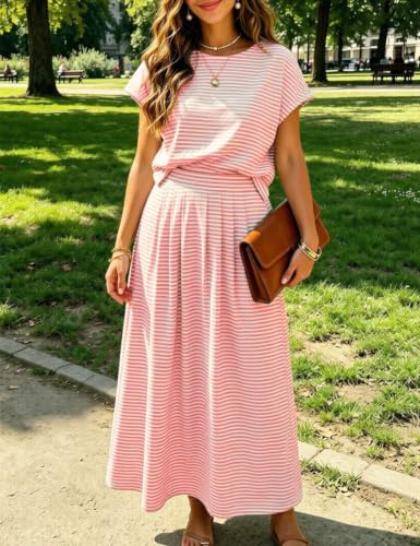 Image of Zontroldy Women's Summer 2 Piece Outfits Striped Skirt Sets Cap Sleeve Crop Top Midi Dress Matching Travel Outfits