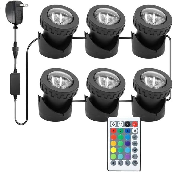 Colored Pond Lights with Timer, RGB Fountain Lights IP68 Waterproof Pond Light, Dimmable Outdoor Landscape Lights for Pond Fountain Garden, 6 Lights