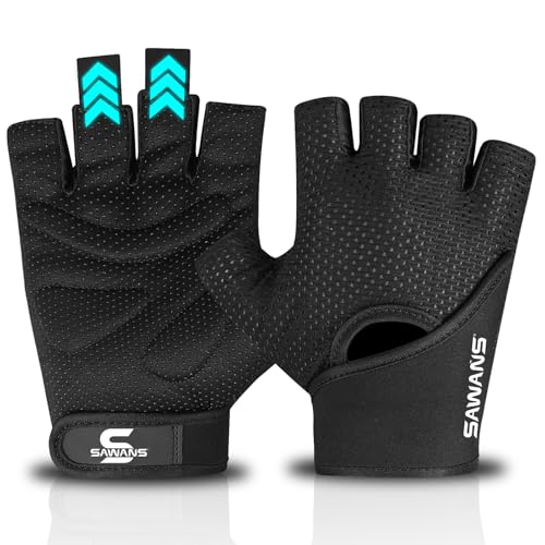 SAWANS Guantes de Gimnasio Fitness Transpirables Elásticos de Entrenamiento para Hombres y Mujeres Antideslizantes de Silicona Levantamiento de Pesas Fuerza Dominadas Culturismo (Negro, M)