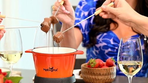 The Melting Pot Cast Iron Ombre Fondue Set – 1.6L Fondue Pot with Burner, Forks & Wood Base for Meat, Cheese & Chocolate Dipping