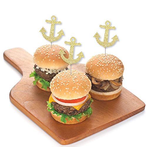 Gold Glitter Anchor - No-Mess Real Gold Glitter Dessert Cupcake Toppers - Nautical Party Clear Treat Picks - Set Of 24 #TOP2