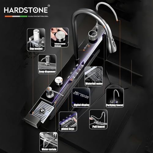 Image of LUXART 5 Switch Piano Stainless Steel Multifunction Kitchen Sink 30x18x10 Inch - LED Digital Display & RO Tap Multifunctional Sink | Honeycomb Design Smart Sink with Waterfall & 360 Pull-Down Faucet