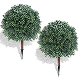 27.5' Artificial Boxwood Topiary Ball Tree with Ground Spike, Set of 2 Artificial Cedar Bushes, UV Resistant Faux Boxwoods Outdoor Plants Artificial for Porch Garden Front Porch Decor
