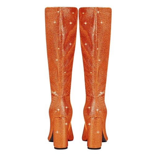 Pointed Toe Sparkly Rhinestone Knee High Wide Boots for Women Pull On Block Heels Boots Party Fashion Sexy Tall Cowboy Boots3