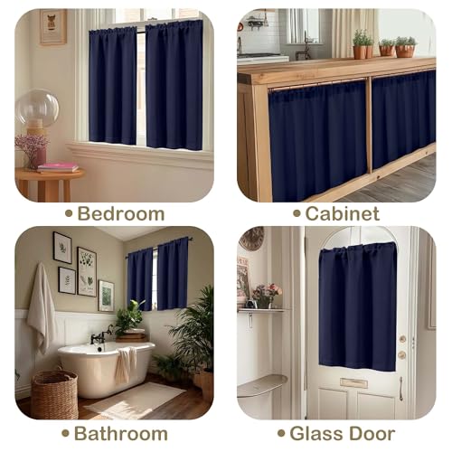 Image of Navy Blue Blackout Curtains for Small Window Treatment, Light Blocking Short Kitchen Window Curtains Over Sink, Dual Rod Pocket Half Window Tiers for Bathroom Basement, 2x40Wx36L Inches