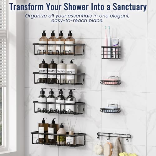 zeawec 8 Pack Adhesive Rustproof Shower Caddy with Soap Dishes, Toothbrush Holder & Hooks, Large Capacity No-Drilling Shower Shelves Rack for Bathroom Organizers and Storage Accessories, Black - 2