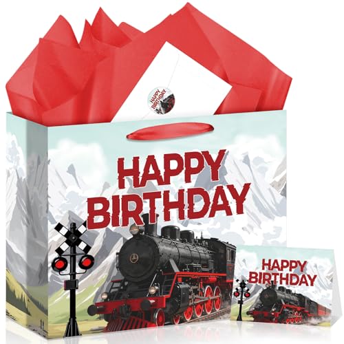 Allparty Train Birthday Gift Bag Vintage Steam Train Gift Bag with Wrapping Paper Card Sticker Envelope Retro Trains Party Favors Decorations Gifts Presents for Trains Themed Birthday Baby Shower