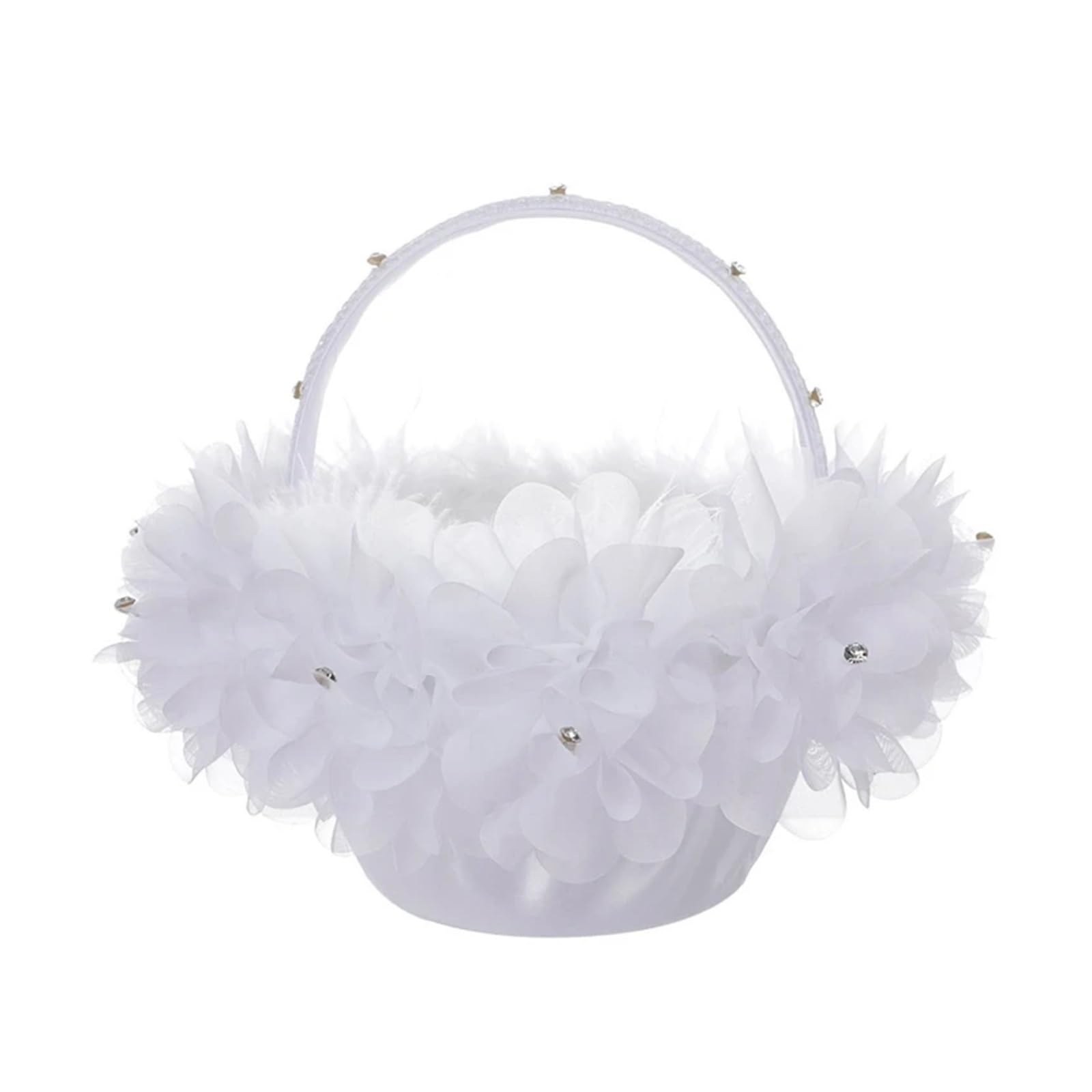 Wedding Petal Confetti Basket, White Satin Cloth Flower Basket With Faux Lace Decor For Wedding