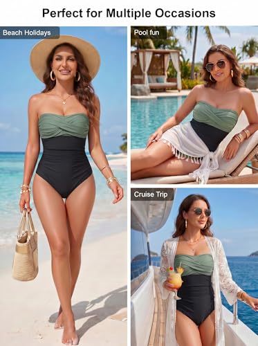 Image of Smismivo Tummy Control Swimwear Strapless One Piece Swimsuit Ruched Bathing Suits for Women Slimming Bandeau Tube Top Bikini
