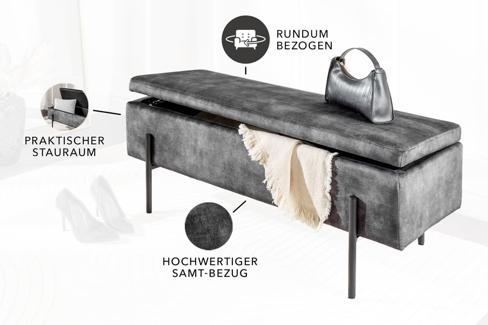 Riess Ambiente Moderne Truhenbank LOFT 100cm grau Samt Sitzbank mit Stauraum gespolstert schwarz Metall Schminkbank Samtbank Flurbank Bank Dekobank Schlafzimmerbank