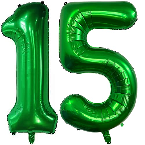 Image of Number 15 Dark Green Balloons 40 Inch Giant Green 15 Numer Foil Helium Balloons for 15th Green Birthday Party Supplies 51st Anniversary Events Decorations