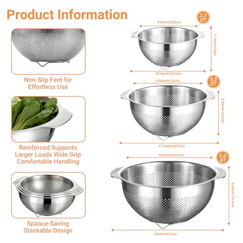 Image of Colanders & Food Strainers,Stainless Steel Colander,3 Pcs Kitchen Strainers(2.5QT, 3.5QT, 5QT) for Pasta, Rice, Vegetables,Dishwasher Safe Metal Colander with Handles,Kitchen Gift