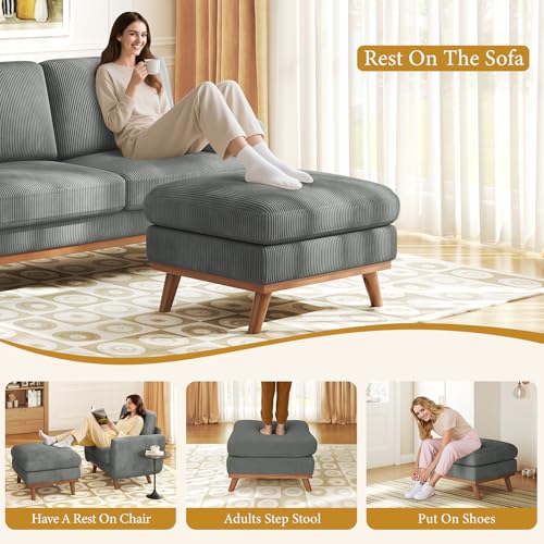 Image of Vesgantti Large Ottoman for Modular Sofa, 29.5 inch Corduroy Ottoman with Spring Cushion, Rectangle Foot Rest for Couch, Entrance Footstool with Wood Legs, Footstool for Living Room, Bedroom, Dark Gray