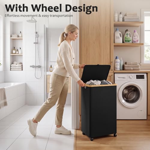 Image of efluky 100L Laundry Basket with Wheels and Lid, Rolling Laundry Hamper with Bamboo Handles and Removable Bag, Dirty Clothes Hamper on Wheels for Laundry Room Organizer, Dorm