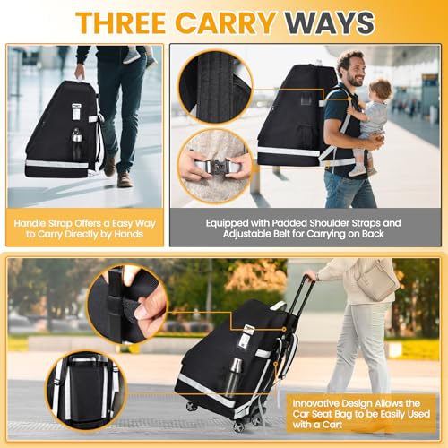 Image of Orzbow Padded Car Seat Travel Bag for Airplane, Carseat Backpack Bags with Reflective Stripes, Infant Seat Travel Bag with Shoulder & Waist Strap, Car Seats Carrier for Airport Gate Check, Black
