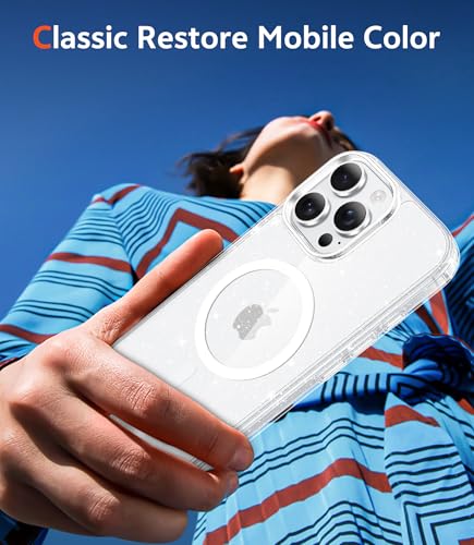 Image of FNTCASE for iPhone 16 Pro-Max Case: Clear Magnetic Phone Cases Compatible with Magsafe Slim Anti Yellowing Military Grade Drop Protection Rugged Protective Transparent Cell Cover (B-Glitter Magnetic)