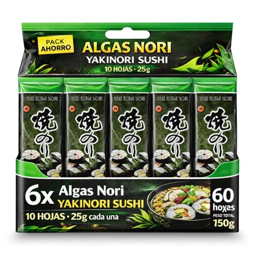 Alga Nori Yakinori, son ideales para enrollar el sushi, temaki y onigiri, Las hojas de alta calidad tienen color vibrante y textura crujiente Grado Gold, Contiene 6 paquete de 10 hojas, 150 gr total