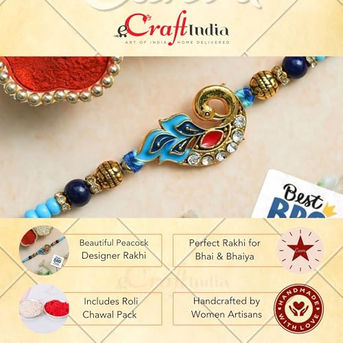 Image of eCraftIndia Beautiful Peacock Rakhi for Brother Bhaiya Bhai with Best Bro Ever Fridge Magnet | Roli Chawal Pack