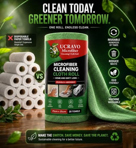 Image of UCRAVO 60 SHEETS Microfiber Cleaning Cloth Roll 10X Cheaper Than Paper Reusable and 12000 Times Washable Tear-Away Kitchen Towel Roll Highly Absorbent Lint-Free, Streak-Free Cleaning Rags (Green)