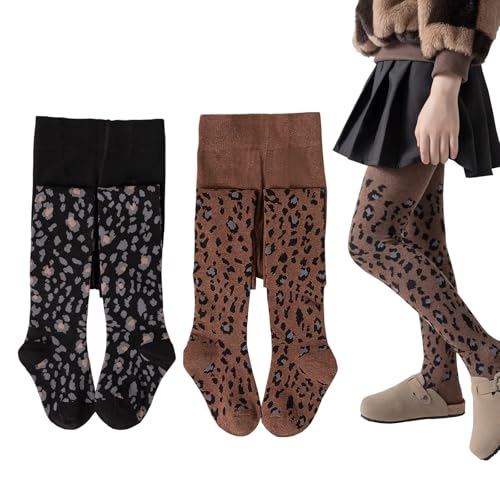 Silkglory Baby Girl Tights,Toddler Tights With Two-Color Cute Leopard Print Decoration,Leggings Little Girls Seamless Stockings Cotton Pantyhose for Newborn Infant Toddler Black/Brown 3-5 T 2Pack