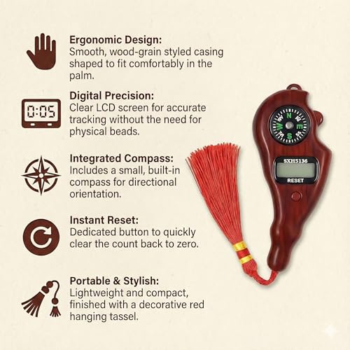 Image of Electronic Wood-Grain Hand Tally Counter with Built-in Compass & Red Tassel - Digital Prayer Bead /Tasbih Clicker with LCD Display and Reset Function (Compass+Tally Counter)