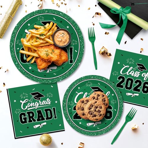 Image of QZYL 200Pcs Graduation Party Supplies, Green Graduation Plates and Napkins, Disposable Grad Dessert Plates and Plastic Forks, Grad Party Decorations for 50 Guests