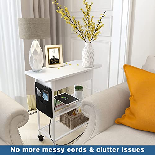Slim Side Table With Usb Ports And Outlets, Narrow End Table With Storage Shelf And Bag For Small Spaces 2 Sides Flip Top Nightstand With Charging Station Rolling Wheels For Living Room Bedroom White #TOP4