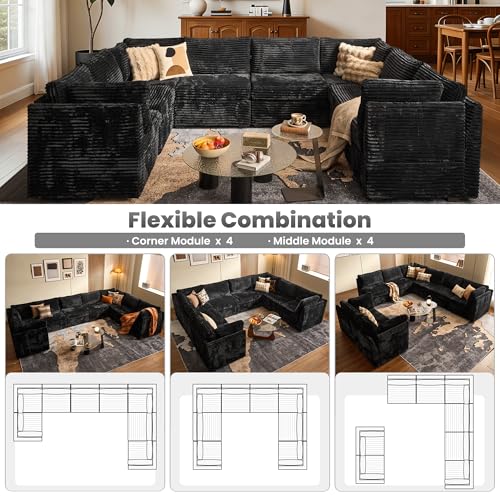 Image of ovios Modular Sectional Sofa Couch with U-Shape Chaise Oversized, Comfy Plush Corduroy Cloud Couches, Modern Luxury Deep Seat Sofas Set for Living Room, 8-Seater, Black