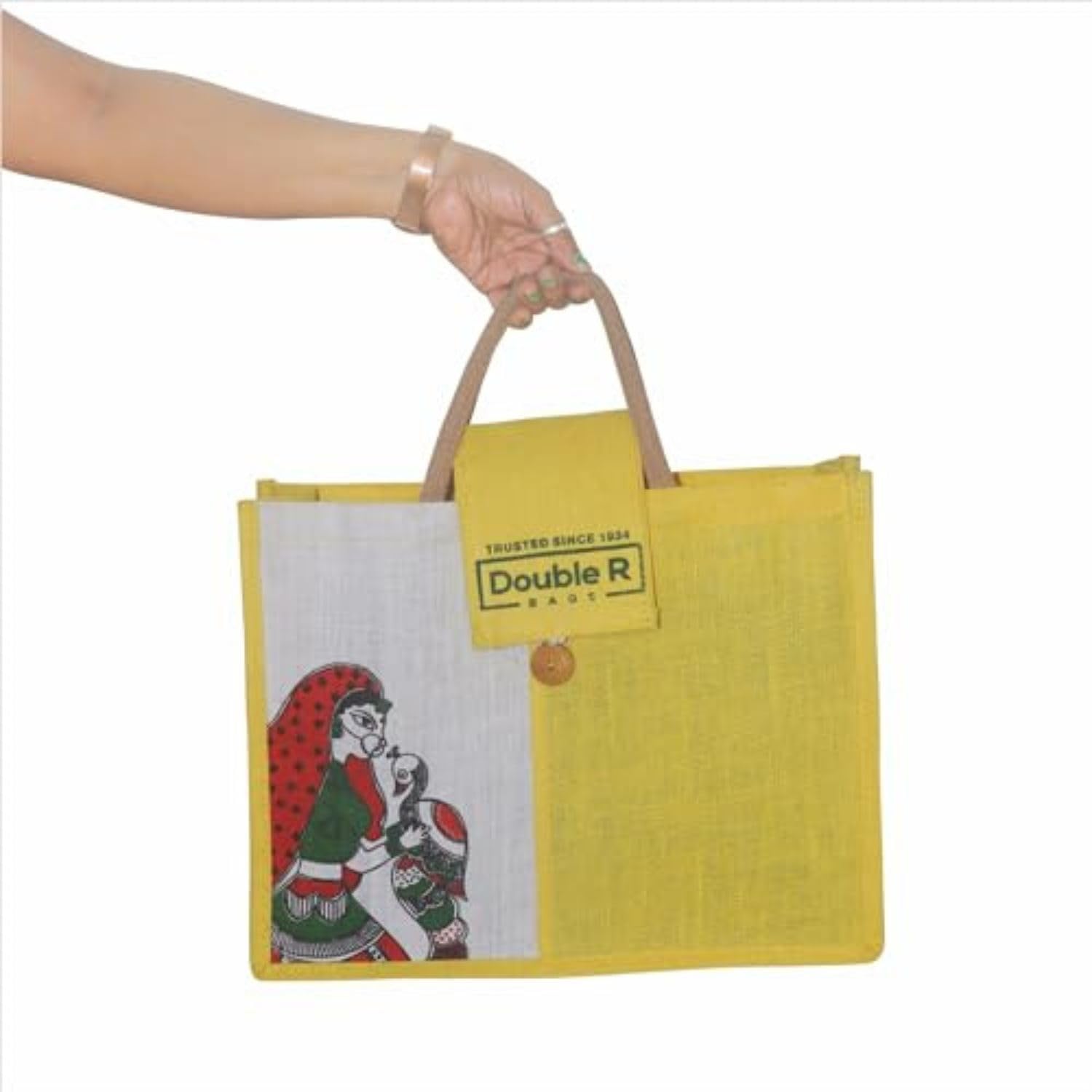 DOUBLE R BAGS Canvas & Jute Multipurpose Tote Bag for Women – Eco-Friendly Handbag for Office, Travel, Shopping & College – Jaipuri Print (Yellow) 2