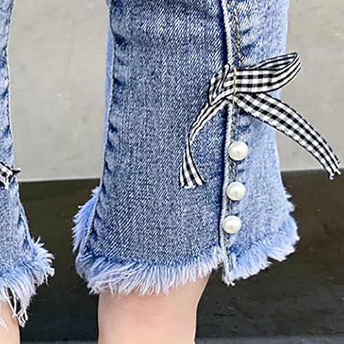 Infant Girls Soft Elastic Waist Bell Bottoms Pearl Bowknot Denim Pants Kids Comfy Cotton Split Hem Flare Pants3