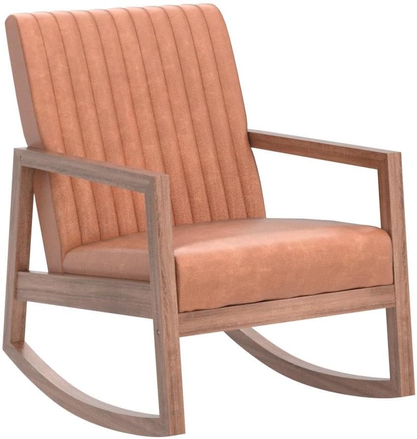 Wahson PU Leather Rocking Chair Mid-Century Armchair with Solid Wood Legs, Leisure Relax Chair for Living Room/Bedroom/Balcony (Brown)
