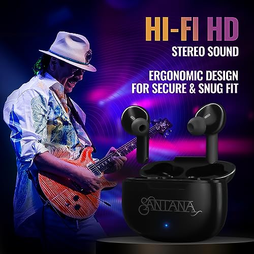 Mambo by Carlos Santana, True Wireless Earbuds Bluetooth Headphones with Charging Case, Bluetooth Earbuds with Voice Isolating Microphone, Deep Bass Stereo Headsets for Sports & Gaming (Black)